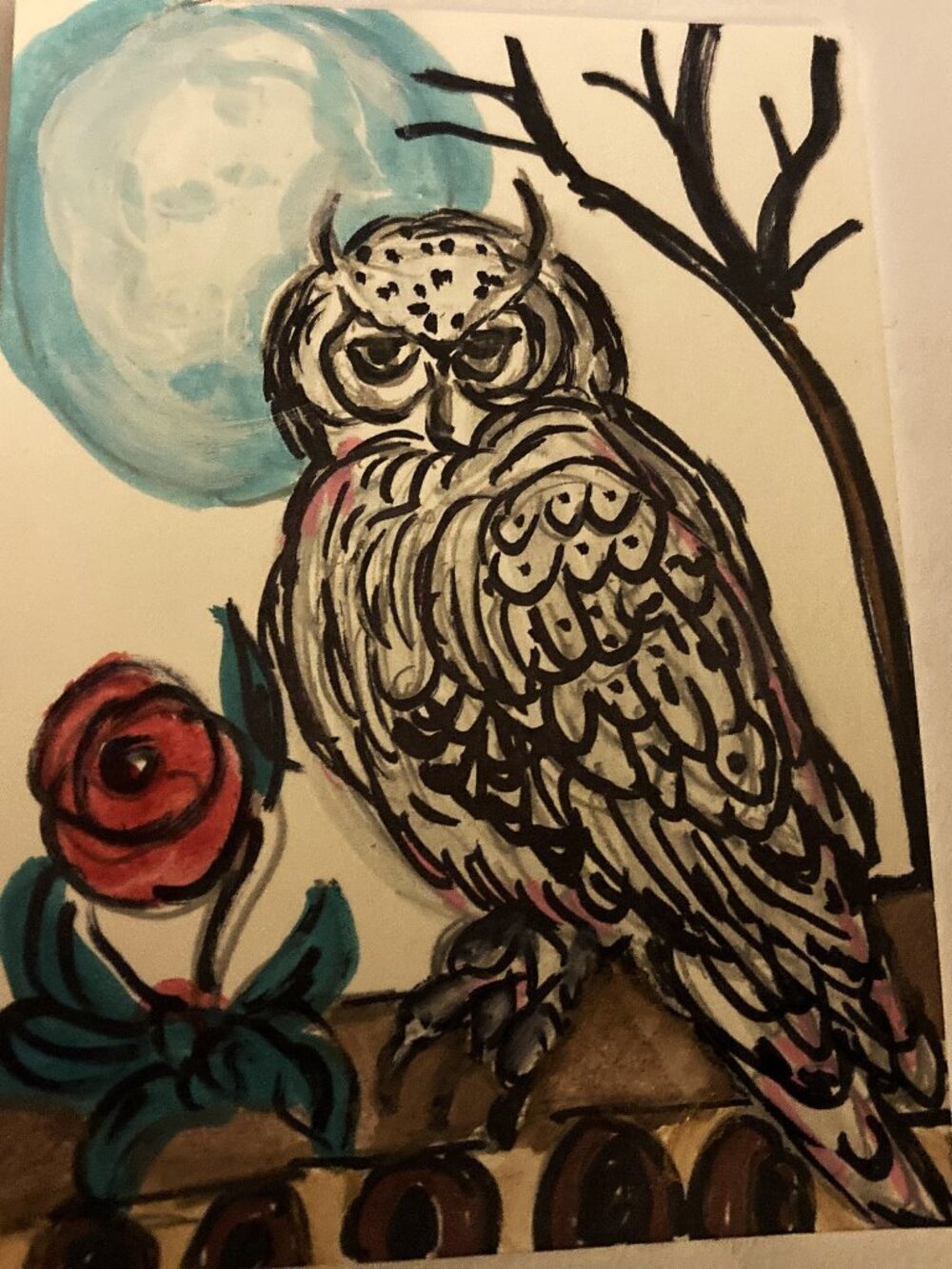 Original ACEO painting Acrylic/Ink OOAK "White Owl on a Branch" Watching signed
